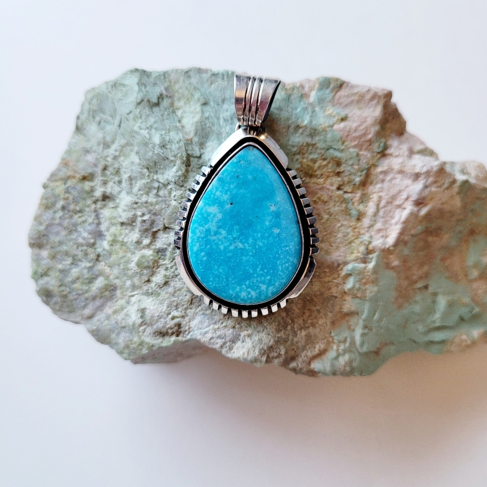 Kingman Turquoise Pendant Sterling Silver Native American Handmade